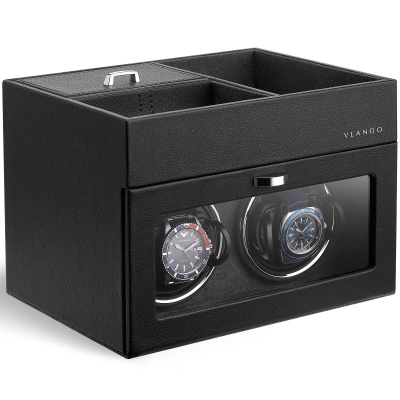 VLANDO Automatic Double Watch Winder for Men Watch Winder Box with Jewelry Organizer Tray for Father Husband Dad Japanese Quiet Motor LED Light Adjustable Watch Pillows Black - Image 2