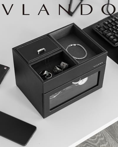 VLANDO Automatic Double Watch Winder for Men Watch Winder Box with Jewelry Organizer Tray for Father Husband Dad Japanese Quiet Motor LED Light Adjustable Watch Pillows Black - Image 3