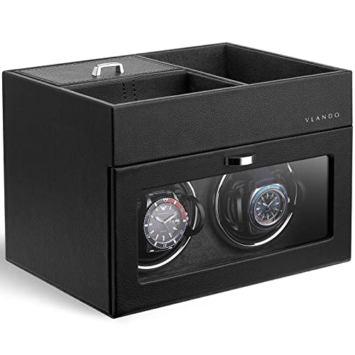 VLANDO Automatic Double Watch Winder for Men Watch Winder Box with Jewelry Organizer Tray for Father Husband Dad Japanese Quiet Motor LED Light Adjustable Watch Pillows Black - Image 1