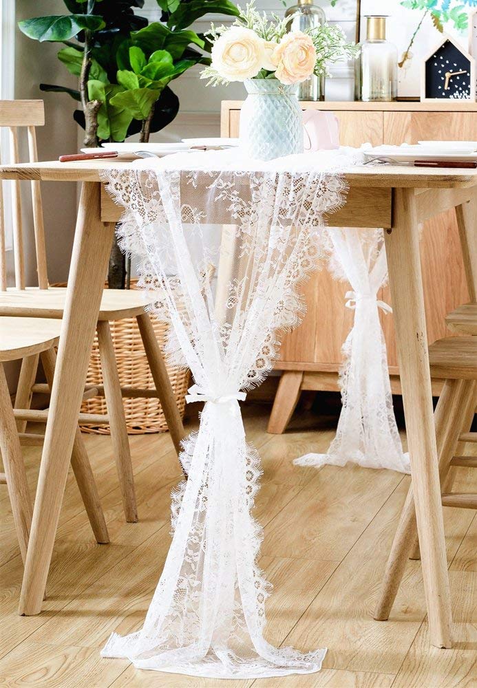 BOXAN 30x120 Inch Vintage White Lace Wedding Table Runner with Rose Floral Table Overlay for Rustic Boho Wedding Reception Table Decor Chic Bridal Shower Baby Shower Birthday Party Table Decorations