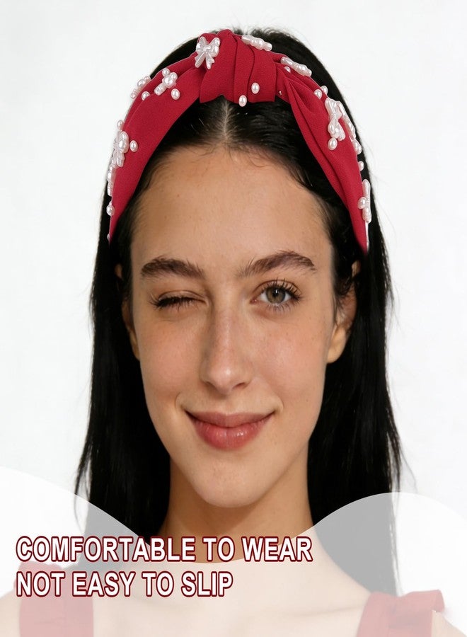 Uintoon Red Headband Bow Pearl Knotted Headbands for Women Girls Cute Fashion Wide Headbands for Women Non Slip Hairbands Head Bands for Women's Hair Bow Hair Accessories - Image 5