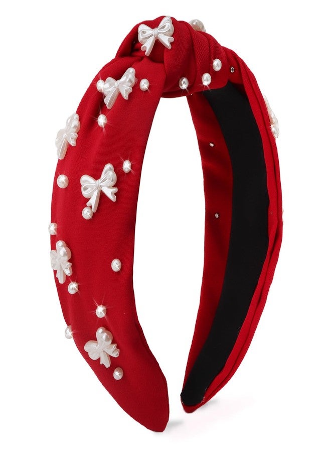 Uintoon Red Headband Bow Pearl Knotted Headbands for Women Girls Cute Fashion Wide Headbands for Women Non Slip Hairbands Head Bands for Women's Hair Bow Hair Accessories - Image 1