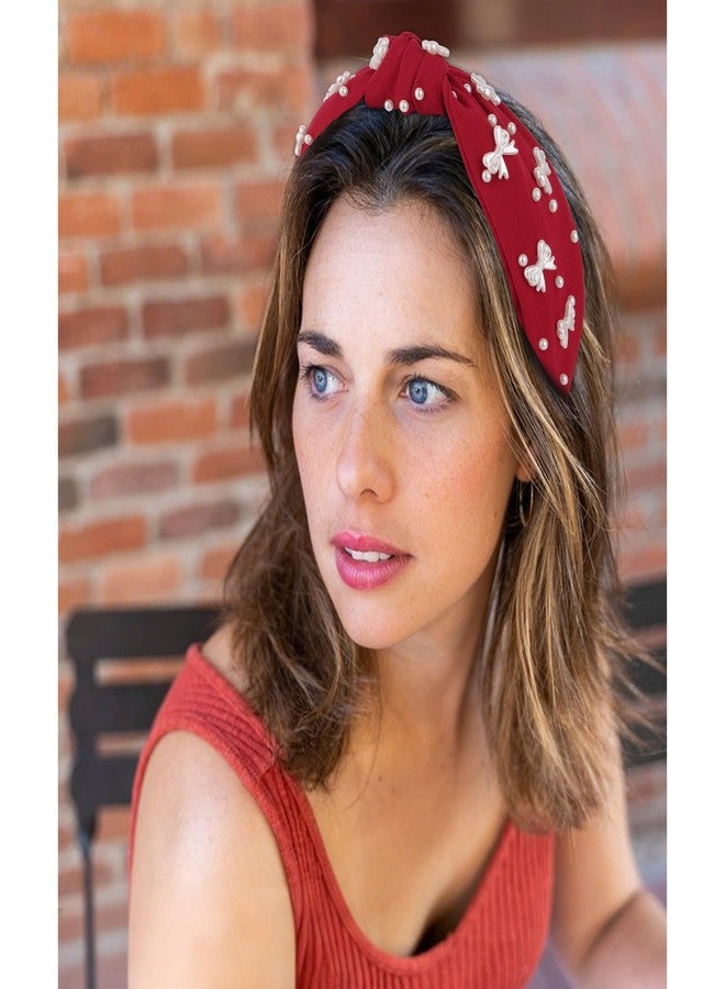 Uintoon Red Headband Bow Pearl Knotted Headbands for Women Girls Cute Fashion Wide Headbands for Women Non Slip Hairbands Head Bands for Women's Hair Bow Hair Accessories - Image 3