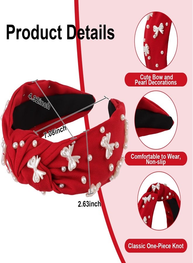 Uintoon Red Headband Bow Pearl Knotted Headbands for Women Girls Cute Fashion Wide Headbands for Women Non Slip Hairbands Head Bands for Women's Hair Bow Hair Accessories - Image 2