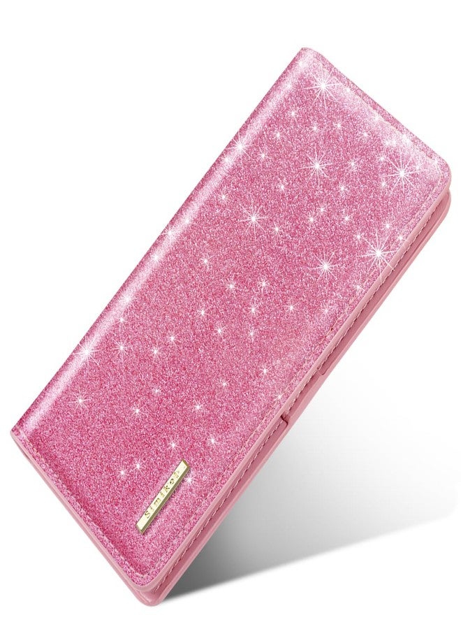 Simikol Ultra Slim Womens Wallet Minimalist Thin Long Leather Bifold Wallet RFID Blocking Card Holder Organizer with Zipper Coin Pocket Ladies Girls Gift Purse, Glitter Dark Pink, Ultra Slim - Image 1