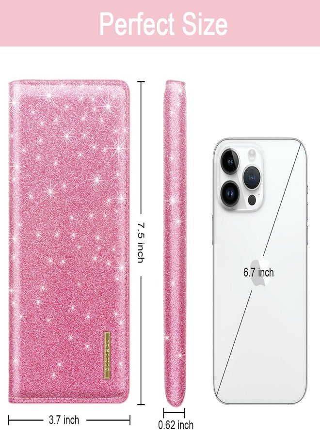Simikol Ultra Slim Womens Wallet Minimalist Thin Long Leather Bifold Wallet RFID Blocking Card Holder Organizer with Zipper Coin Pocket Ladies Girls Gift Purse, Glitter Dark Pink, Ultra Slim - Image 4