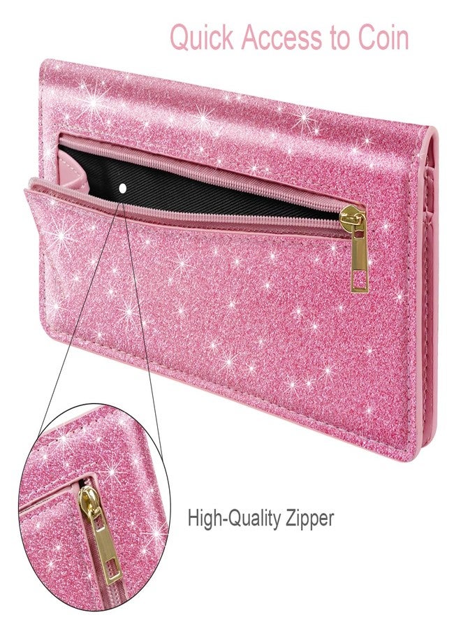 Simikol Ultra Slim Womens Wallet Minimalist Thin Long Leather Bifold Wallet RFID Blocking Card Holder Organizer with Zipper Coin Pocket Ladies Girls Gift Purse, Glitter Dark Pink, Ultra Slim - Image 5