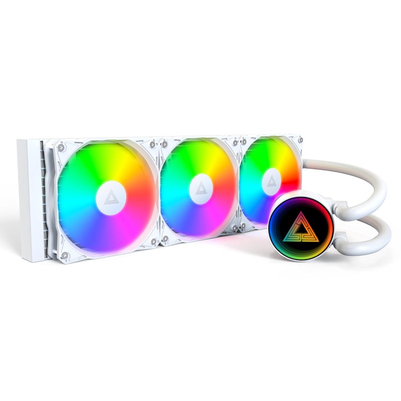MONTECH LightFlow ARGB 360 CPU Liquid Cooler, 360mm AIO with Infinity Mirror Design, 3100RPM Pump, 3x120mm ARGB Fans, Intel & AMD Support (White) - Image 1