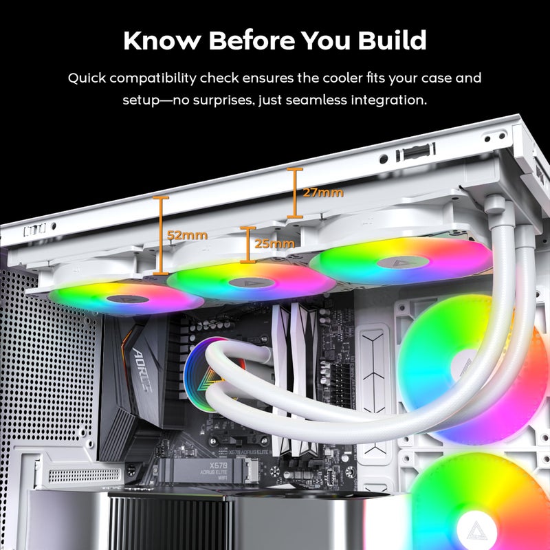 MONTECH LightFlow ARGB 360 CPU Liquid Cooler, 360mm AIO with Infinity Mirror Design, 3100RPM Pump, 3x120mm ARGB Fans, Intel & AMD Support (White) - Image 2