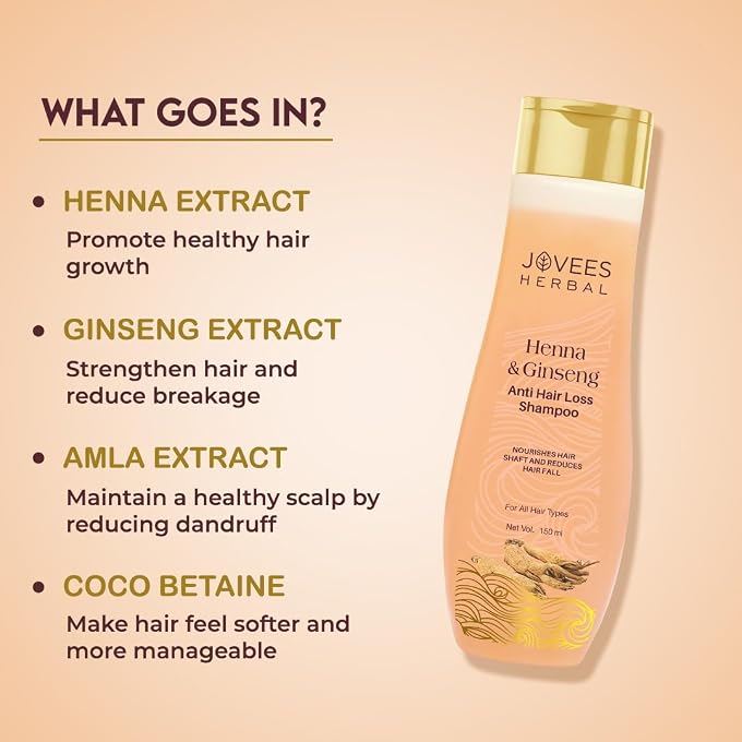 Jovees Herbal Henna & Ginseng Anti Hair Fall Shampoo | Controls Hair Fall & Promotes Hair Growth | Enriched With Henna, Ginseng & Amla Extract | Suitable for All Hair Types | Men & Women 300ml - Image 3
