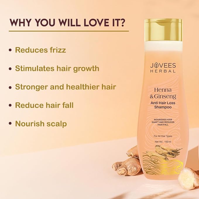 Jovees Herbal Henna & Ginseng Anti Hair Fall Shampoo | Controls Hair Fall & Promotes Hair Growth | Enriched With Henna, Ginseng & Amla Extract | Suitable for All Hair Types | Men & Women 300ml - Image 2