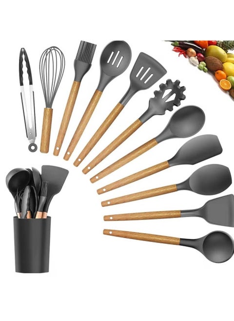 Heat-Resistant 12-Piece Silicone Cooking Utensil Set – Black Spatulas and Spoons for Non-Stick Cookware