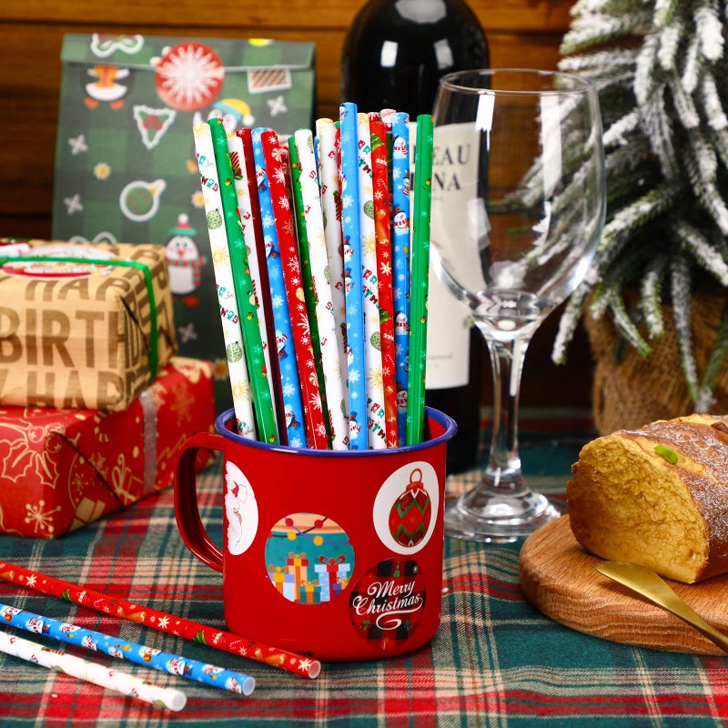 JANYUN JANYUN 30 Pieces Christmas Drinking Straws BPA-Free 9inch Printing Hard Plastic Reusable Straws Xmas Balls Snowflake Elk Straw for Family Party Favors Supplies Cleaning Brush - Image 5