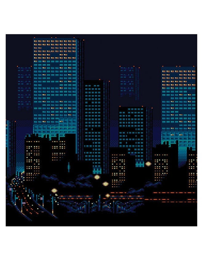 RYN Pixel Art City Themed Wall Art Blue/Black/Yellow 30x30cm - Image 1