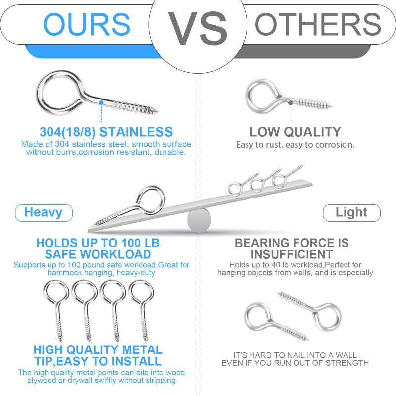 Aovchei Eye Screws, 9 Pcs 2.5 inches 304 Heavy Duty Stainless Steel Screw Hooks, Rust-Resistant Self Tapping Eyelet Bolts for Wood, Securing Cables Wires, Indoor & Outdoor for Hanging Artwork - Image 4