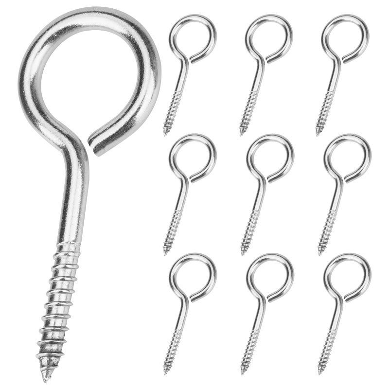 Aovchei Eye Screws, 9 Pcs 2.5 inches 304 Heavy Duty Stainless Steel Screw Hooks, Rust-Resistant Self Tapping Eyelet Bolts for Wood, Securing Cables Wires, Indoor & Outdoor for Hanging Artwork - Image 1