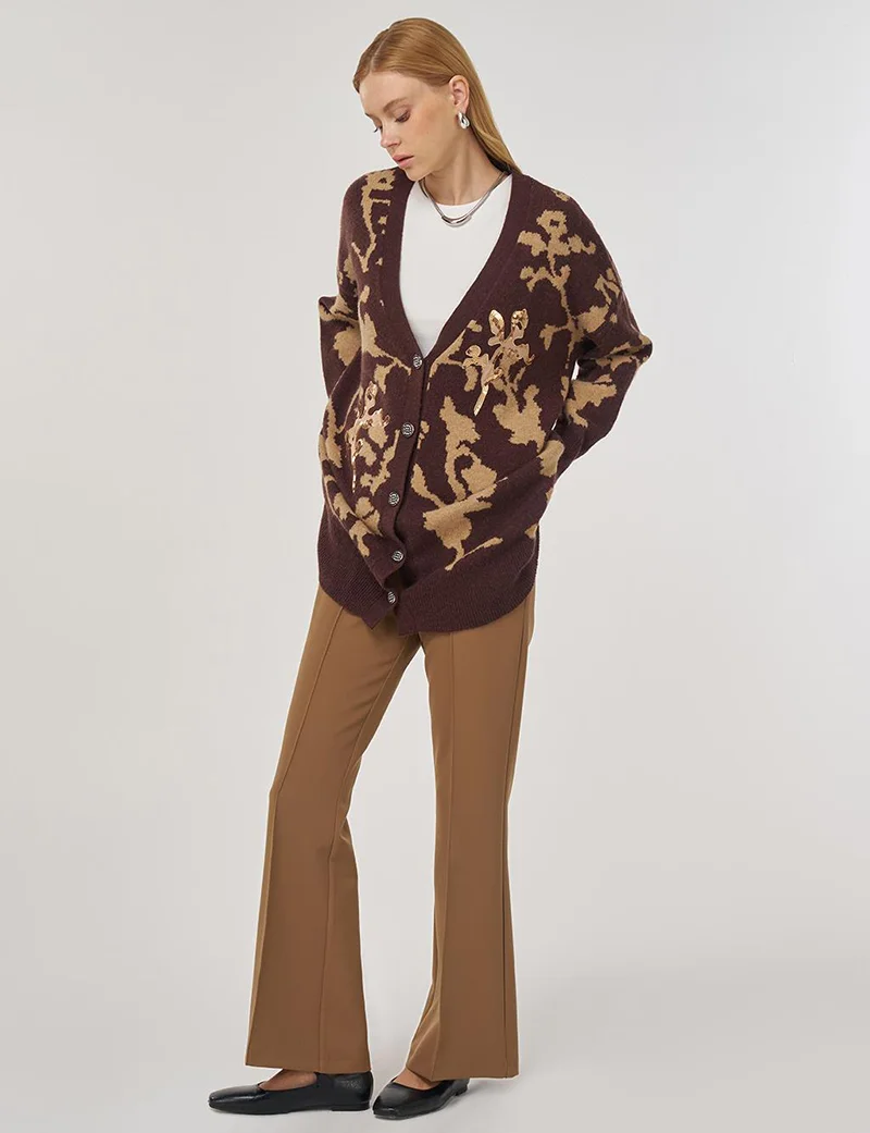 Kayra Sequin-Embroidered Knit Cardigan in Coffee