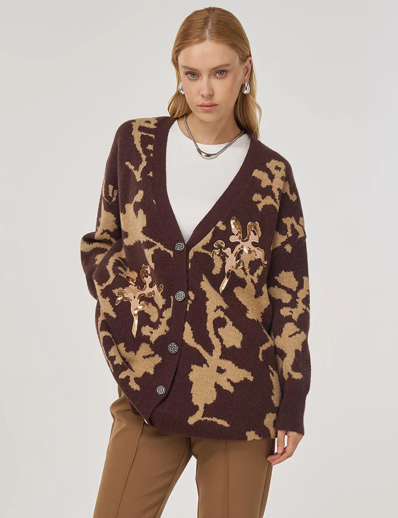 Kayra Sequin-Embroidered Knit Cardigan in Coffee