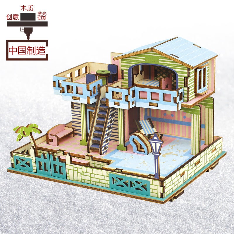 Factory 3D Wooden Three-Dimensional Puzzle Wooden Diy Handmade Toys Assembled Model Blue Dream Island Villa Toys - Image 2