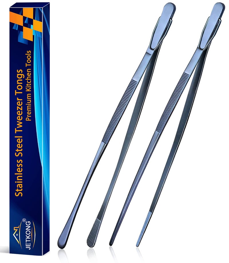 JETKONG 2 Pcs 12Inch Cooking Tweezer Tongs Stainless Steel Kitchen Tweezers Plating Tongs Navy Blue