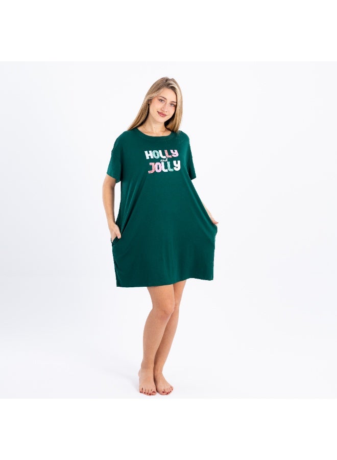 zecotex  Women’s Cotton Nightdress | Soft Short Sleeve Sleep Shirt with “Holly & Jolly” Print | Loose Fit Homewear for Comfort & Style  - Image 1