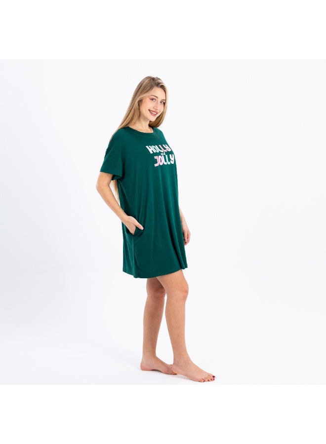 zecotex  Women’s Cotton Nightdress | Soft Short Sleeve Sleep Shirt with “Holly & Jolly” Print | Loose Fit Homewear for Comfort & Style  - Image 3