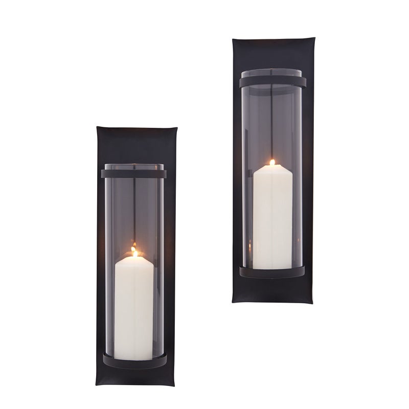 Danya B Danya B Metal Pillar Candle Sconces with Glass Inserts  A Wrought Iron Rectangle Wall Accent Set of 2 Black 