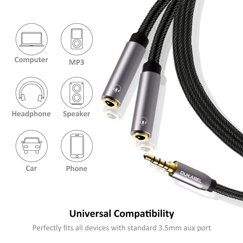 DUKABEL Headphone Splitter, Strong Braided & Gold-Plated 3.5mm Stereo Audio Y Splitter Cable 4-Pole Male to 2-Female Port Audio Stereo Cable Dual Headphone Jack Adapter Top Series - Image 4