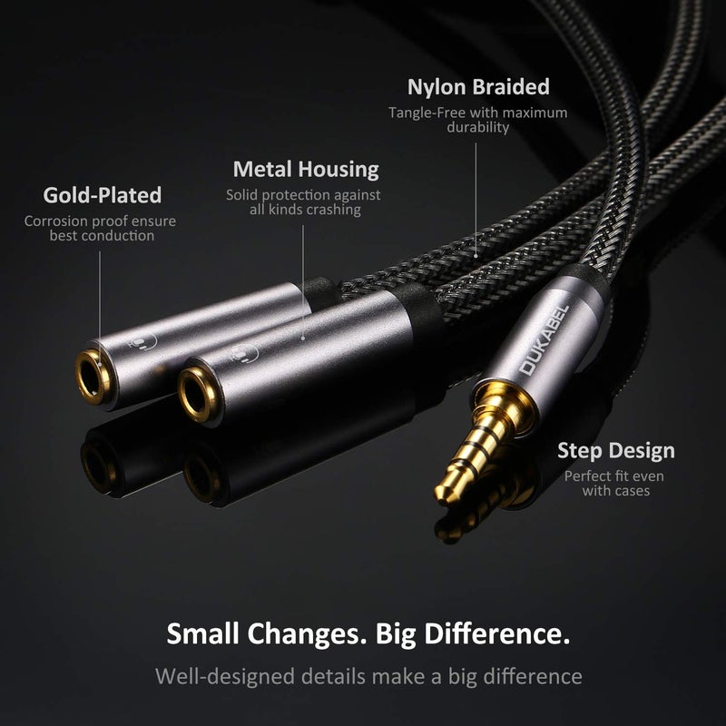 DUKABEL Headphone Splitter, Strong Braided & Gold-Plated 3.5mm Stereo Audio Y Splitter Cable 4-Pole Male to 2-Female Port Audio Stereo Cable Dual Headphone Jack Adapter Top Series - Image 5