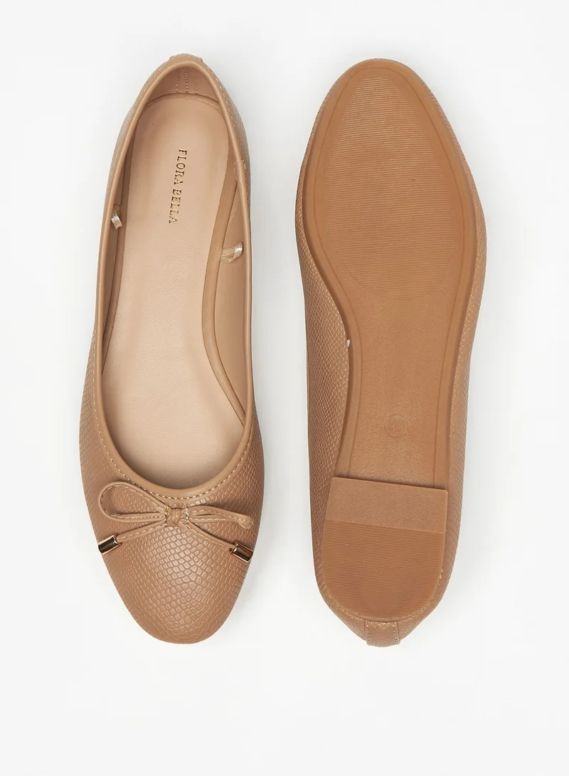 Flora Bella Textured Slip-On Round Toe Ballerina Shoes with Bow Accent