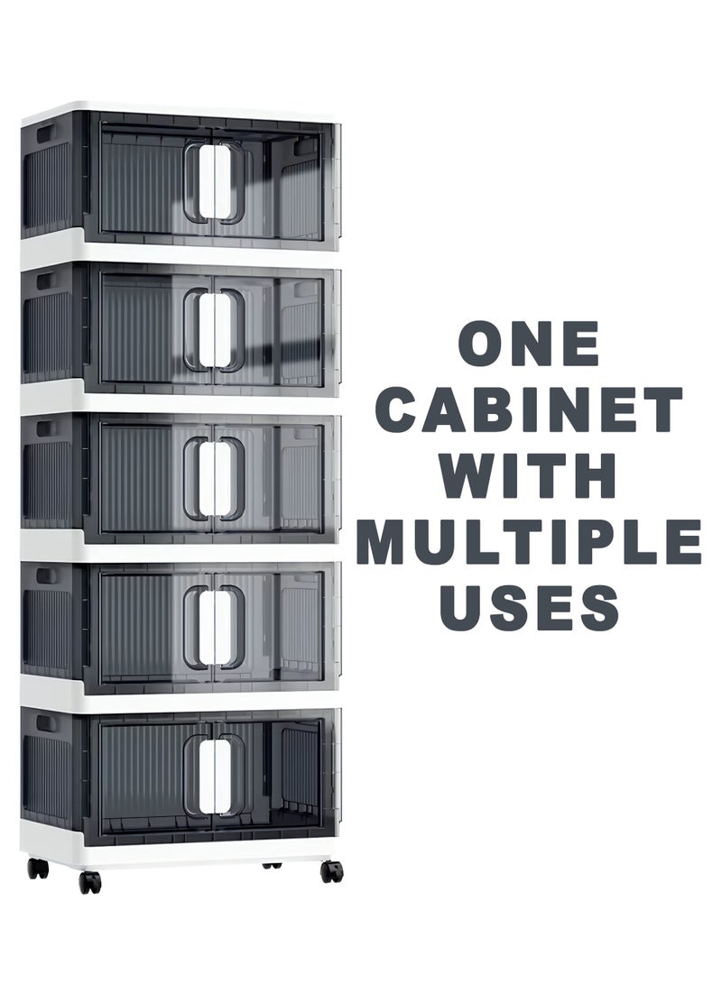 دي بلو رف تخزين قابل للطي بخمس طبقات مع عجلات - مصنوع من مادة البولي بروبيلين عالية التحمل، بلمسة نهائية عصرية لامعة، قابل للطي والحمل، مزود بقفل باب مزدوج آمن - منظم متعدد الطبقات للاستخدام المنزلي والمكتبي والاستخدام الخارجي (70×34×168 سم) - Image 2