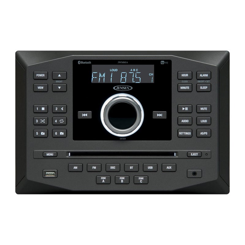 Jensen JWM62A AM|FM|DVD|CD|USB|AUX|App Ready Bluetooth Wallmount Stereo w/ App Control, 3-Speaker Zones / 8 Speaker Output 8X 6 Watt, Receives Bluetooth Audio (A2DP) & Controls (AVRCP) from Devices - Image 3
