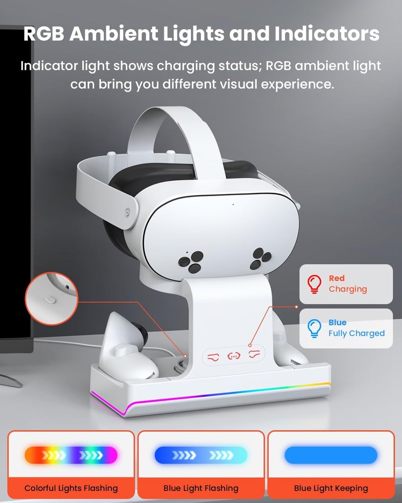 قاعدة شحن لـ Meta Quest 3S / Oculus Quest 3S، حامل شحن لسماعة الواقع الافتراضي ووحدات التحكم مع ضوء LED RGB [تشغيل/إيقاف]، ملحقات الواقع الافتراضي مع بطاريتين قابلتين لإعادة الشحن، محطة شحن سريع 2 في 1 - Image 2