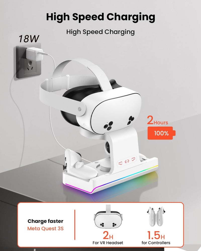 قاعدة شحن لـ Meta Quest 3S / Oculus Quest 3S، حامل شحن لسماعة الواقع الافتراضي ووحدات التحكم مع ضوء LED RGB [تشغيل/إيقاف]، ملحقات الواقع الافتراضي مع بطاريتين قابلتين لإعادة الشحن، محطة شحن سريع 2 في 1 - Image 3