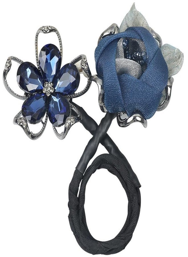 Samyak Rhinestone Crystal Deft Bun Maker Twist French Donut Lazy Hair Curler, DIY Hair Accessories For Party Hair Styling (Blue Flower, Free Size) - Image 1