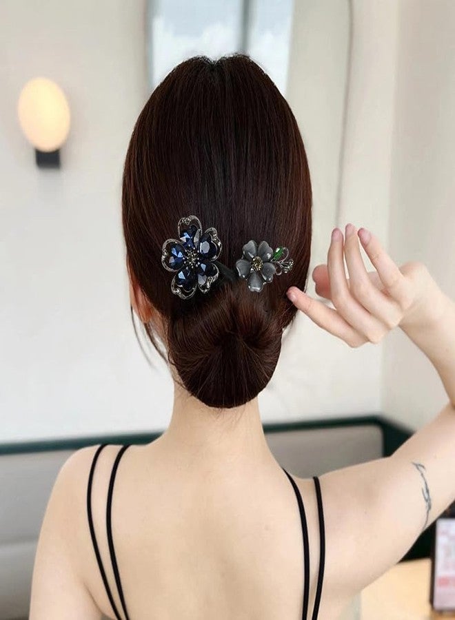 Samyak Rhinestone Crystal Deft Bun Maker Twist French Donut Lazy Hair Curler, DIY Hair Accessories For Party Hair Styling (Blue Flower, Free Size) - Image 2