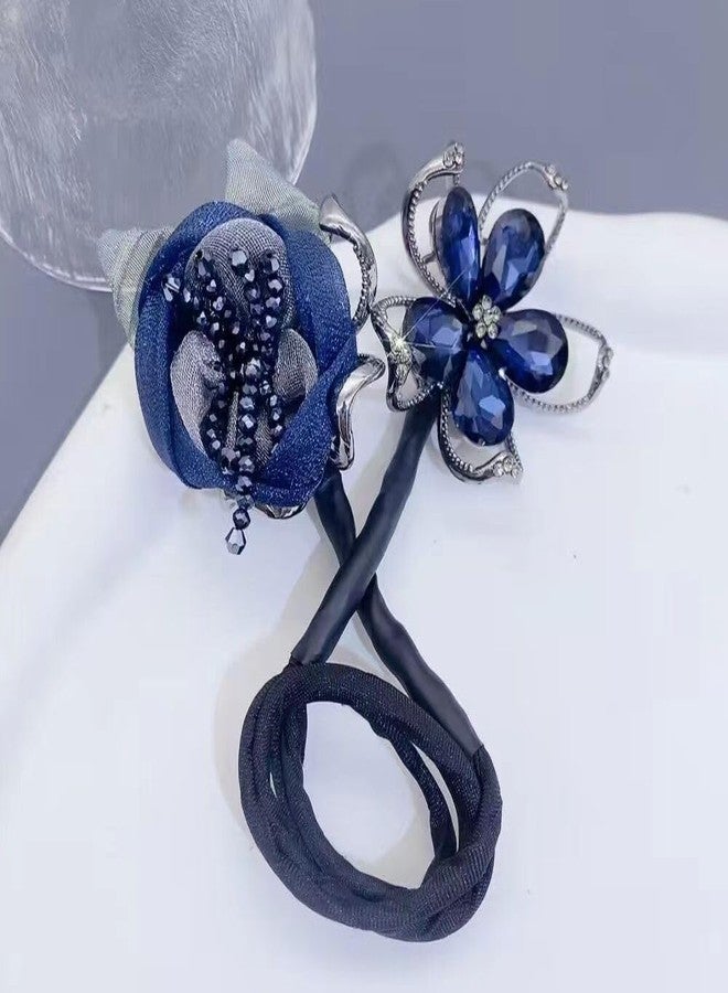 Samyak Rhinestone Crystal Deft Bun Maker Twist French Donut Lazy Hair Curler, DIY Hair Accessories For Party Hair Styling (Blue Flower, Free Size) - Image 3