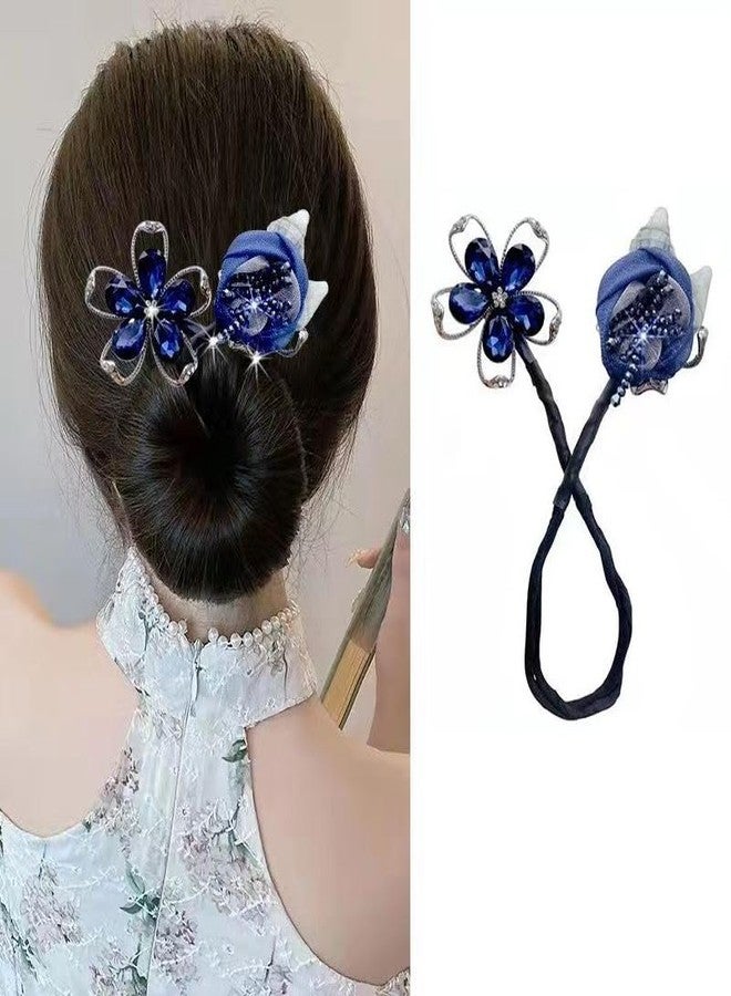 Samyak Rhinestone Crystal Deft Bun Maker Twist French Donut Lazy Hair Curler, DIY Hair Accessories For Party Hair Styling (Blue Flower, Free Size) - Image 4