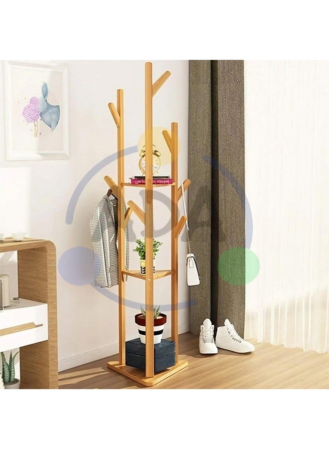 ADA ADA® Premium Large Natural Bamboo Wood Tree Garment Clothes Coat Hat Umbrella Portable Hanger Stand Rack with 3-Tier Storage Shelves and Hooks (L: 15.7 x W: 12.9 x H: 66.9 Inch)  - Image 1
