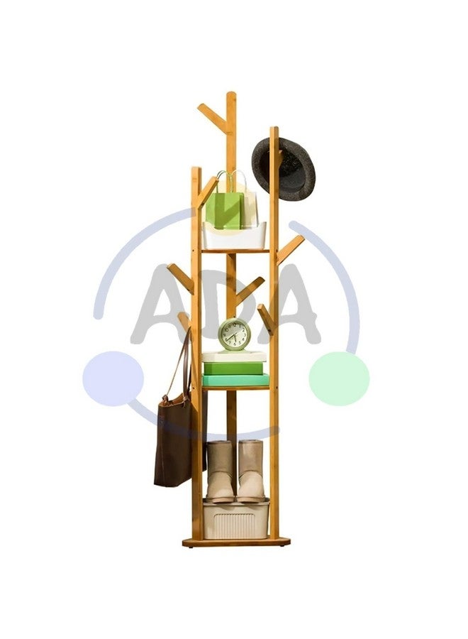 ADA ADA® Premium Large Natural Bamboo Wood Tree Garment Clothes Coat Hat Umbrella Portable Hanger Stand Rack with 3-Tier Storage Shelves and Hooks (L: 15.7 x W: 12.9 x H: 66.9 Inch)  - Image 2