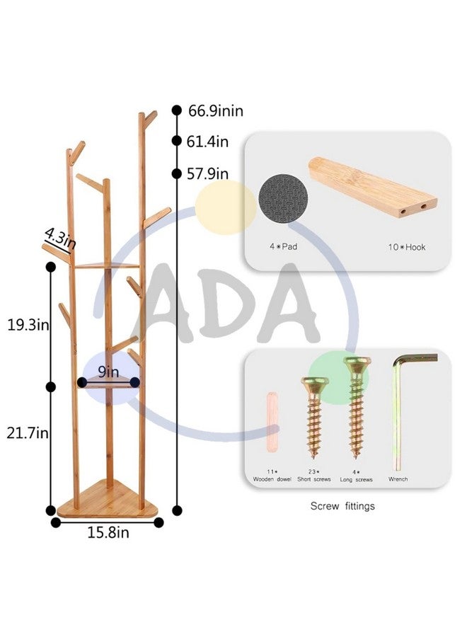 ADA ADA® Premium Large Natural Bamboo Wood Tree Garment Clothes Coat Hat Umbrella Portable Hanger Stand Rack with 3-Tier Storage Shelves and Hooks (L: 15.7 x W: 12.9 x H: 66.9 Inch)  - Image 5