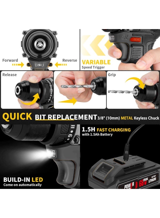 Apexll Brushless 68V Cordless Drill Set, Brushless Electric Drill with 2 Batteries and Charger, 2-Speed Power Drill Driver with 65 Torque Settings, Built-in LED Light, and Storage Case (Black) - Image 5