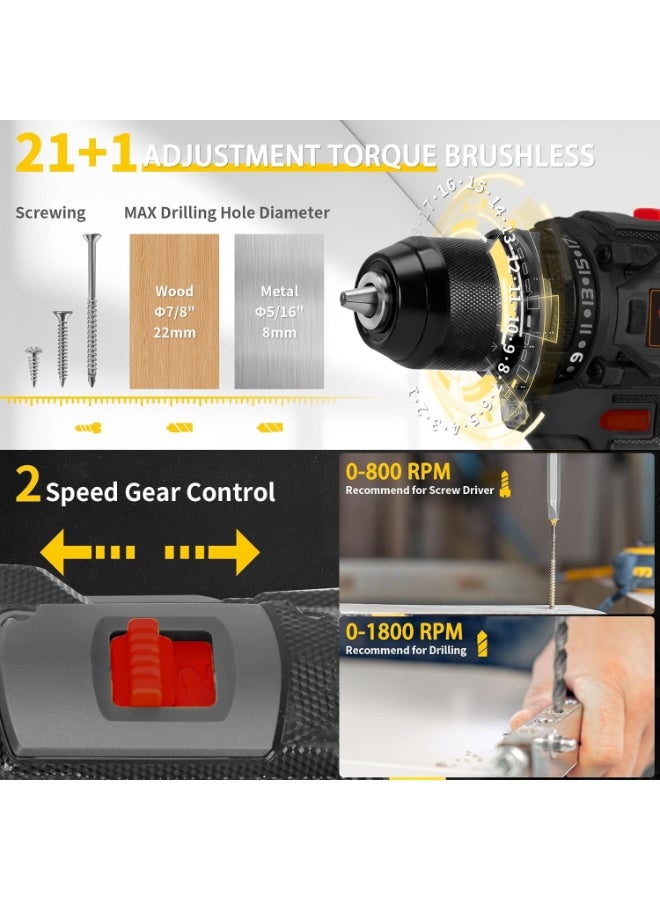 Apexll Brushless 68V Cordless Drill Set, Brushless Electric Drill with 2 Batteries and Charger, 2-Speed Power Drill Driver with 65 Torque Settings, Built-in LED Light, and Storage Case (Black) - Image 3