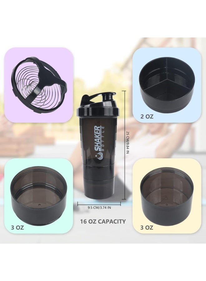 زجاجة خلط، كوب خلط سعة 16 أونصة، زجاجة خلط بروتين مع مساحة تخزين وكرة خلط، زجاجات خلط رياضية لمشروبات البروتين، زجاجة خلط مشروبات رياضية، مانعة للتسرب بنسبة 100%، خالية من مادة BPA، 3 طبقات (أسود) - Image 2