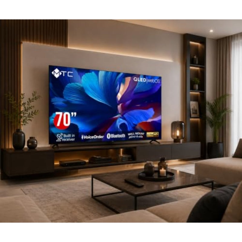 تلفزيون QLED ذكي 70 بوصة 4K لاستخدام غرفة المعيشة، إطار معدني، لون أسود، شاشة فائقة الدقة مع تحكم صوتي واتصال بلوتوث - Image 3