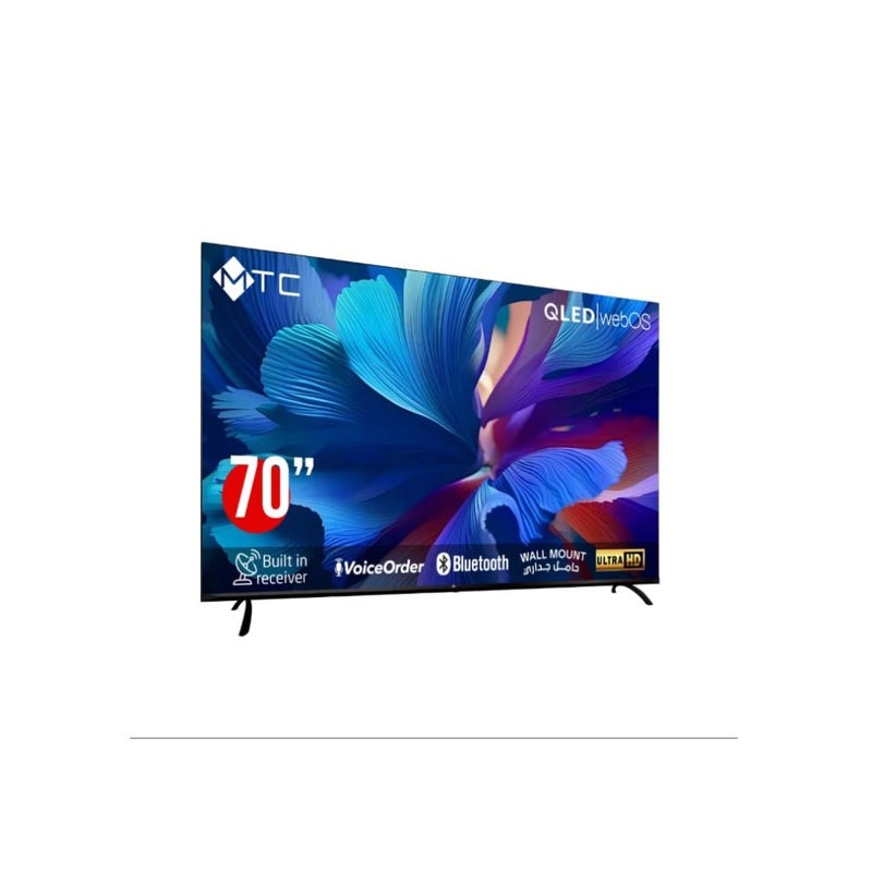 تلفزيون QLED ذكي 70 بوصة 4K لاستخدام غرفة المعيشة، إطار معدني، لون أسود، شاشة فائقة الدقة مع تحكم صوتي واتصال بلوتوث - Image 1