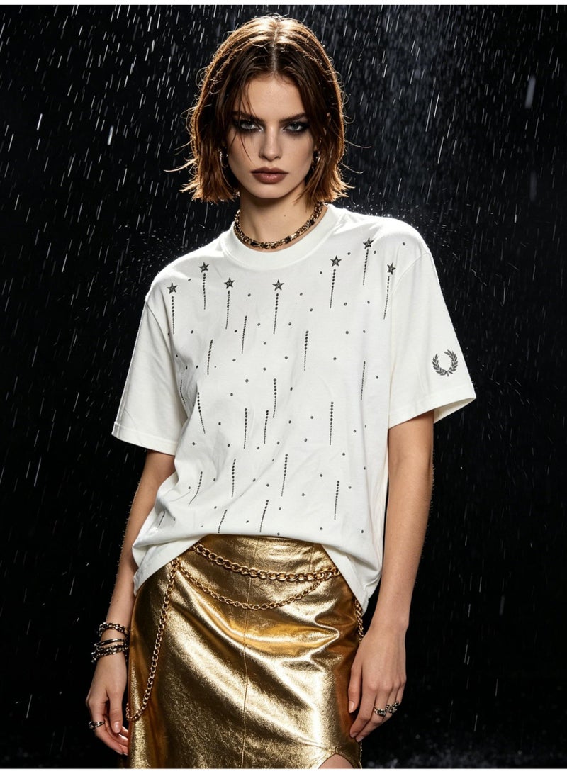 FRED PERRY Unisex star rhinestones embellish short-sleeved T-shirts, laurel wreath Logo casual street T-shirts for men and women. - Image 4