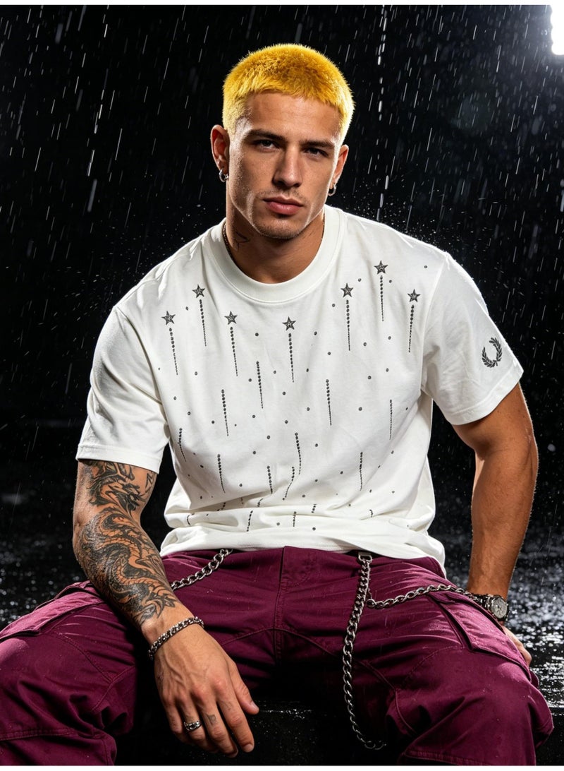 FRED PERRY Unisex star rhinestones embellish short-sleeved T-shirts, laurel wreath Logo casual street T-shirts for men and women. - Image 1