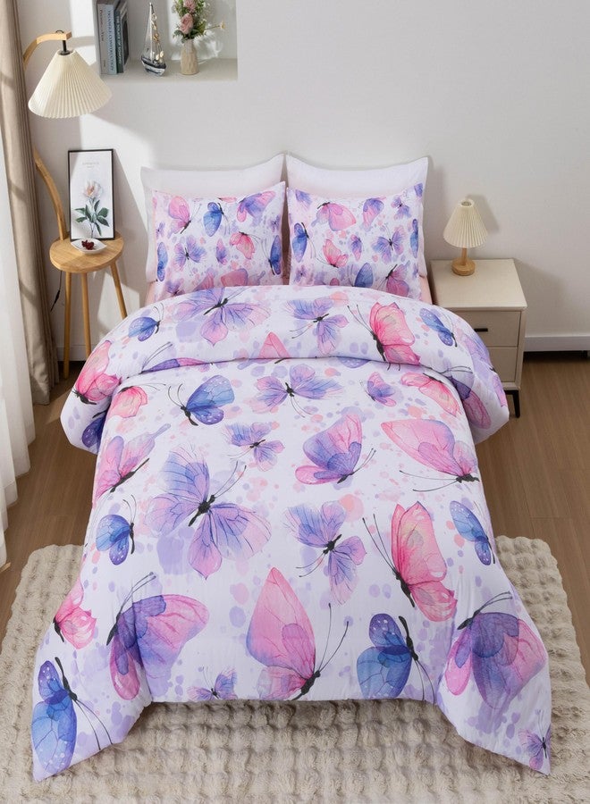 Btargot 3 Piece Butterfly Pattern Girls Comforter Set, Colorful Ink Stick Printing Bedding Set for Women, Purple Pink Full - Image 1