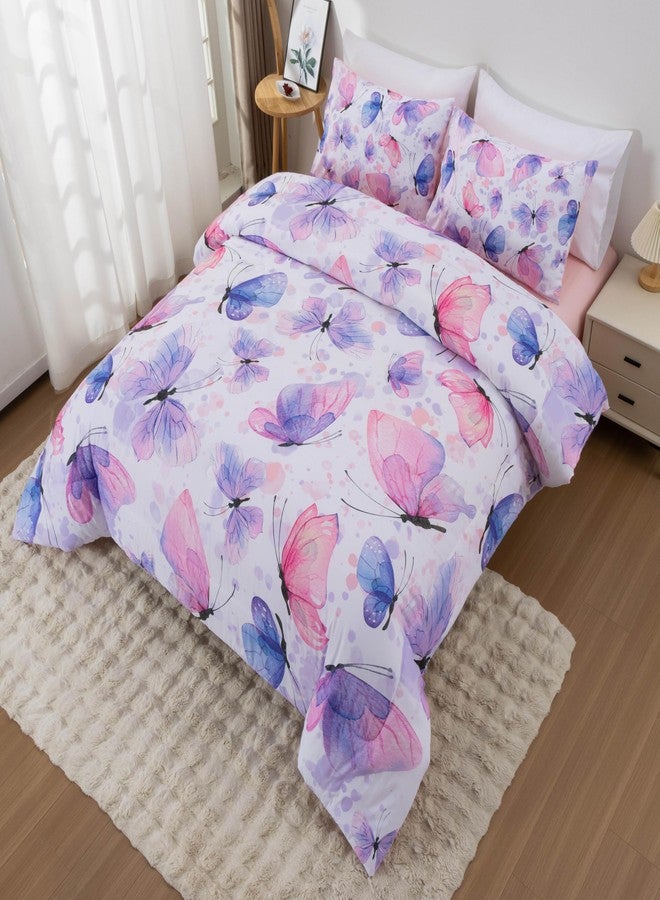 Btargot 3 Piece Butterfly Pattern Girls Comforter Set, Colorful Ink Stick Printing Bedding Set for Women, Purple Pink Full - Image 3